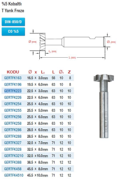 Gerlinger %5 Kobaltlı T Yarık Frezeler (Ölçü Seçeneklerine Bakınız)