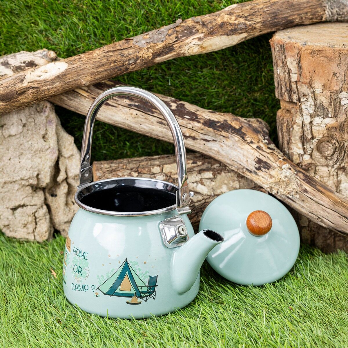 Proware Emaye Demlik 1.1 Litre Açık Yeşil Renk Ahşap Kulp ile Kamp ve Piknik İçin