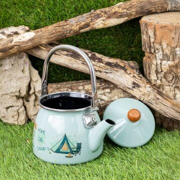 Proware Emaye Demlik 1.1 Litre Açık Yeşil Renk Ahşap Kulp ile Kamp ve Piknik İçin