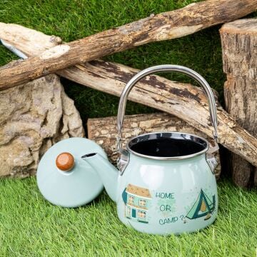 Proware Emaye Demlik 1.1 Litre Açık Yeşil Renk Ahşap Kulp ile Kamp ve Piknik İçin