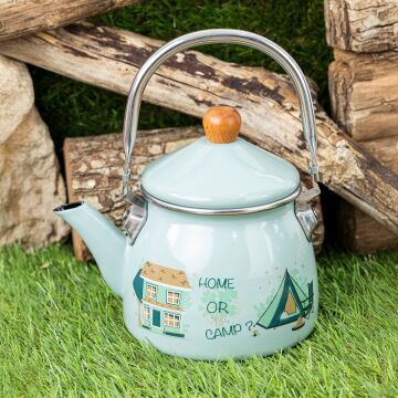 Proware Emaye Demlik 1.1 Litre Açık Yeşil Renk Ahşap Kulp ile Kamp ve Piknik İçin