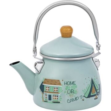 Proware Emaye Demlik 1.1 Litre Açık Yeşil Renk Ahşap Kulp ile Kamp ve Piknik İçin