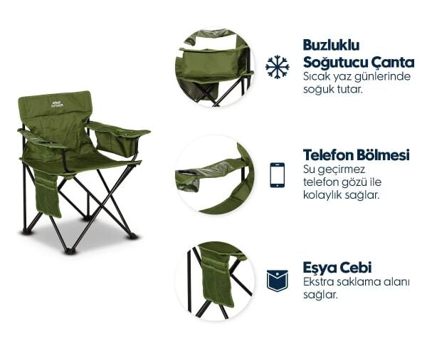 Aygaz Yeşil, Çelik Katlanır Kamp Sandalyesi - Elyaf Dolgulu Sırt Desteği, 100 kg Kapasiteli