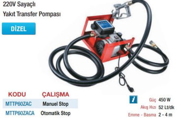 Mitapomp Sayaçlı Yakıt Transfer Pompaları(Ölçü Seçeneklerine Bakınız) 220V - Manual Stop
