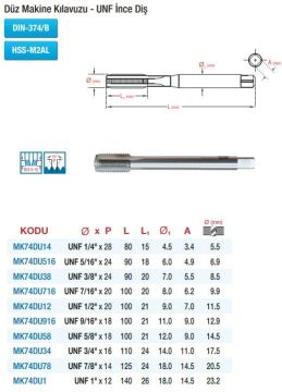 Maier DIN 374 Düz Kanal - UNF İnce Diş - HSS Makine Kılavuzları (Ölçü Seçeneklerine Bakınız)