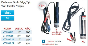 Mitapomp Paslanmaz Gövde Dalgıç Tipi Yakıt Transfer Pompaları  (Ölçü Seçeneklerine Bakınız) 24V - 50W -İnce