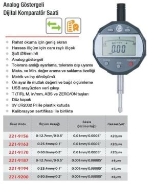 Werka Analog Göstergeli Dijital Komparatör Saati 0.01mm (Ölçü Seçeneklerine Bakınız) 0-12.7mm/0-0.5''