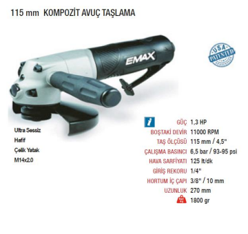 Emax ET-5745 115 mm. Kompozit Havalı Avuç Taşlama