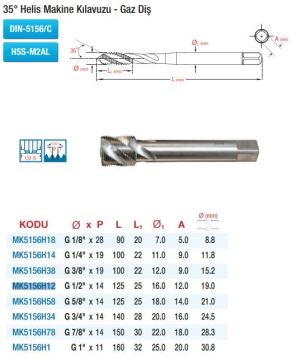 Maier DIN 5156 35° Helis Kanal - Gaz Diş - HSS Makine Kılavuzları (Ölçü Seçeneklerine Bakınız)