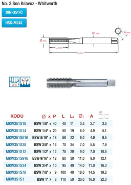 Maier DIN 351 No.3 Son Kılavuz - Whitworth - HSS El Kılavuzları  (Ölçü Seçeneklerine Bakınız) BSW 5/16'' x 18