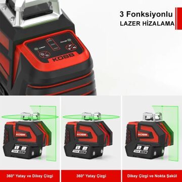 KOBB KBL32GTP Profesyonel Li-ion Yatay 360° ve Dikey Otomatik Hizalamalı Yeşil Nokta Şakül ve Çapraz Çizgi Lazer+Tripod