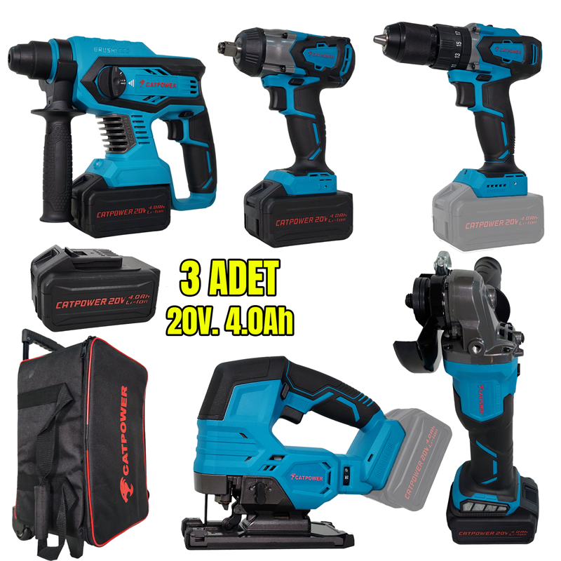 Catpower CAT4150 Kömürsüz Akülü Set: Darbeli Vidalama Kırıcı Delici Avuç Taşlama Somun Sıkma Dekupaj 20V 4.0aH Lİ-İON