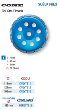Cone Soğuk Pres Tek Sıra Elmaslı Çanak Yüzey Temizlemeler (Ölçü Seçeneklerine Bakınız) 125mm