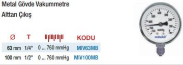 Mitalub Metal Gövde Vakummetreler  (Ölçü Seçeneklerine Bakınız)