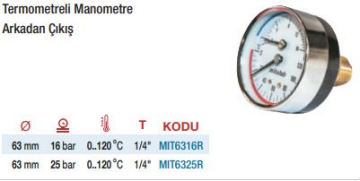 Mitalub Termometreli Arkadan Manometreler (Ölçü Seçeneklerine Bakınız)
