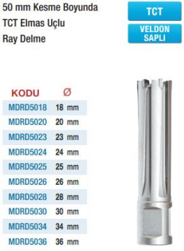 Maier 50 mm Kesme Boyunda T.C.T. Elmas Uçlu Ray Delmeler  (Ölçü Seçeneklerine Bakınız)