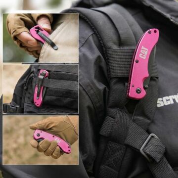 CAT DA980060 Kemer Askı Kancalı Katlanabilir 15CM Paslanmaz Çelik Pembe Kamp Çakısı