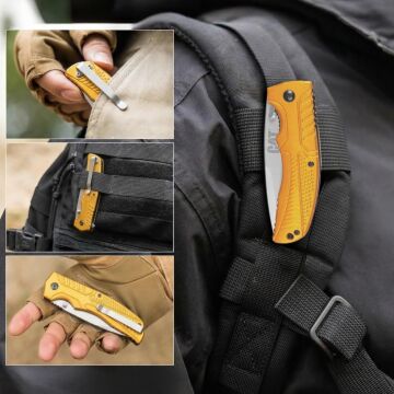 CAT DA980006 Kemer Askı Kancalı Katlanabilir 20CM Paslanmaz Çelik Sarı Kamp Çakısı