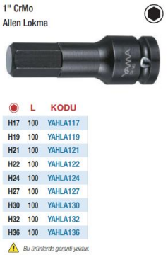 Yama 1'' Havalı Allen Lokmalar (Ölçü Seçeneklerine Bakınız) H19