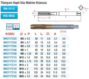 Maier DIN 371 Titanyum Kaplı Düz Kanal-Metrik - HSS Makine Kılavuzları  (Ölçü Seçeneklerine Bakınız)