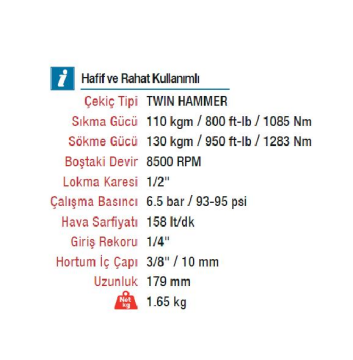 Emax ET-1542 1/2'' 130 kg. 8500 RPM Kompozit Havalı Somun Sökme