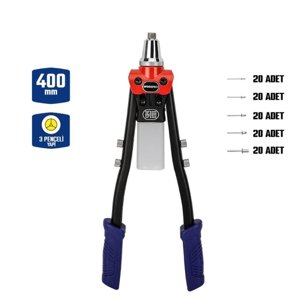 Workpro WORKPRO WP225001 5 IN 1 400mm Kollu Profesyonel Perçin Tabancası + 100 Adet Perçin En Ucuz Fiyatları ve Özellikleri