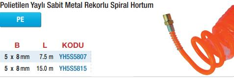 Yama Polietilen Yaylı Sabit Metal Rekorlu Spiral Hortumlar(Ölçü Seçeneklerine Bakınız) 5 x 8mm - 15.0m