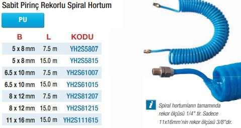 Yama Poliüretan Sabit Pirinç Rekorlu Spiral Hortumlar (Ölçü Seçeneklerine Bakınız) 8 x 12mm - 7.5m