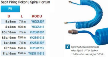 Yama Poliüretan Sabit Pirinç Rekorlu Spiral Hortumlar (Ölçü Seçeneklerine Bakınız) 6.5 x 10mm - 7.5m