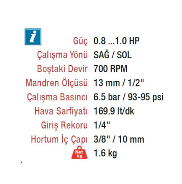 Rotake RT-3808-P 10mm. 1800 RPM Havalı  Düz Matkap