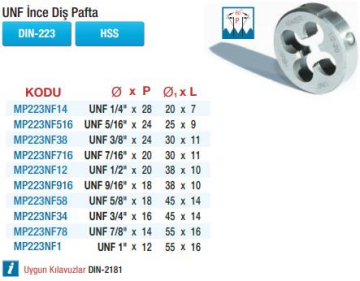 Maier HSS UNF İnce Diş Paftalar  (Ölçü Seçeneklerine Bakınız) UNF 9/16'' x 18