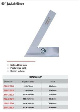 Werka 60° Şapkalı Gönye (Ölçü Seçeneklerine Bakınız) 250x160mm