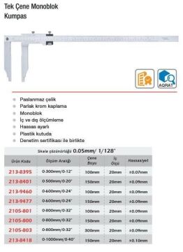 Werka Tek Çene Monoblok Kumpas, Skala: 0.05mm (Ölçü Seçeneklerine Bakınız)