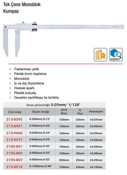 Werka Tek Çene Monoblok Kumpas, Skala: 0.05mm (Ölçü Seçeneklerine Bakınız)