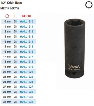 Yama 1/2'' Altı Köşe Havalı Uzun Lokmalar (Ölçü Seçeneklerine Bakınız)